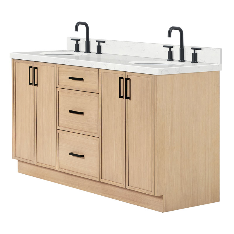 Ensemble de meuble-lavabo double ovale avec comptoir en quartz blanc Carrara de 66 po Ariel Kellie, Chêne