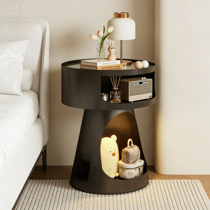 Modern Round End Table, Tempered Glass Table Top Living Room Side Table, Small Apartment Multifunctional Sofa Side Table,Black