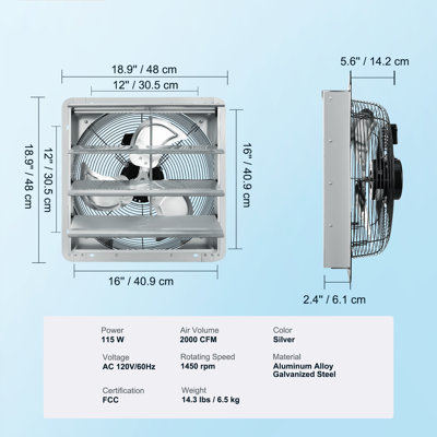Ventilateur de 16 pouces à obturateur, 2000 CFM à grande vitesse, ventilateur de grenier mural en aluminium avec moteur à courant alternatif, ventilation et refroidissement pour serres, garages, remises, magasins, FCC