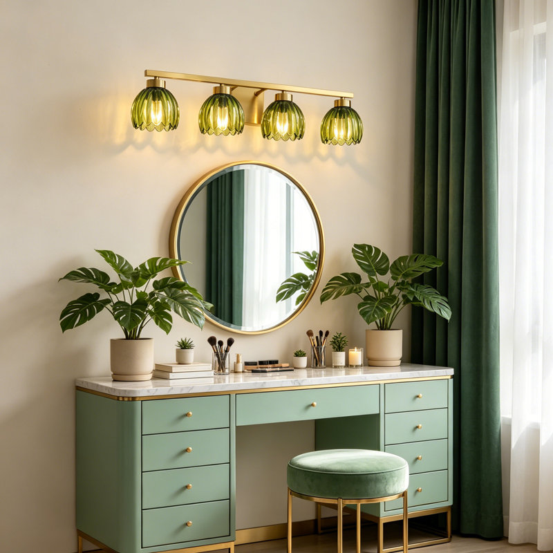 4-light Dimmable Vanity Light With Green Vintage Floral Tulip Glass Shade, Green, 4 Lights