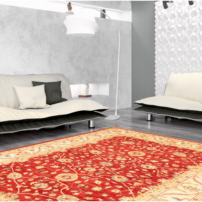 Tapis décoratif en laine noué à la main de conception unique 6 pi x 8 pi 8 po « New Age » rouge/Ivoire