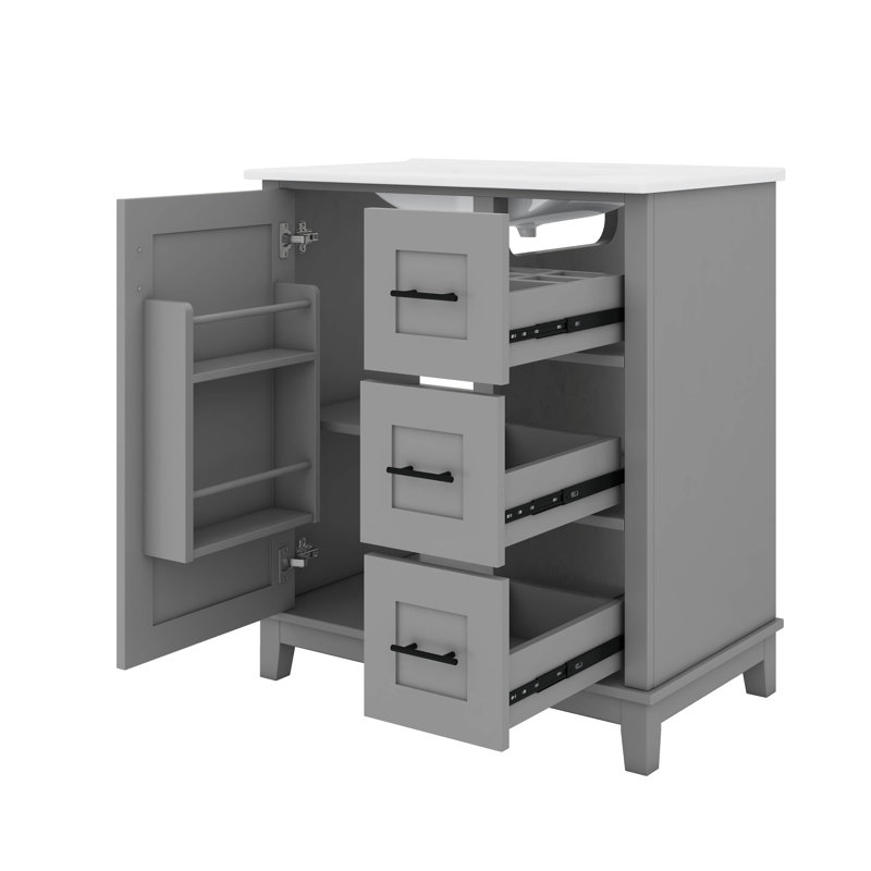 Meuble-lavabo élégant de 30 pouces avec lavabo en céramique, une porte et supports de rangement, Gris