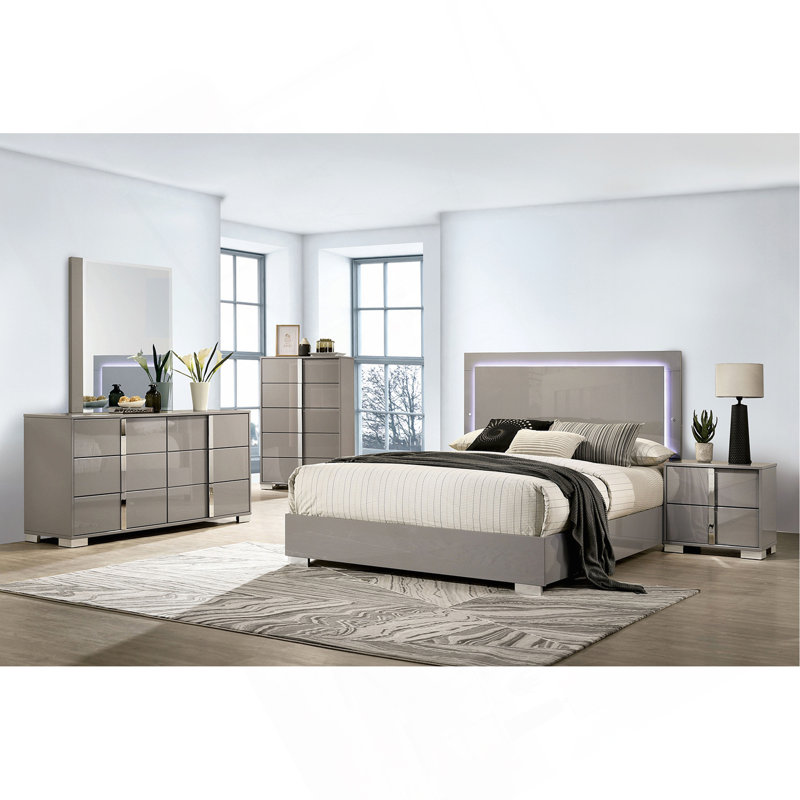 Contemporary 1Pc Bed W LED Headboard UV Finish Bedframe Bedroom Furniture, Taupe, King