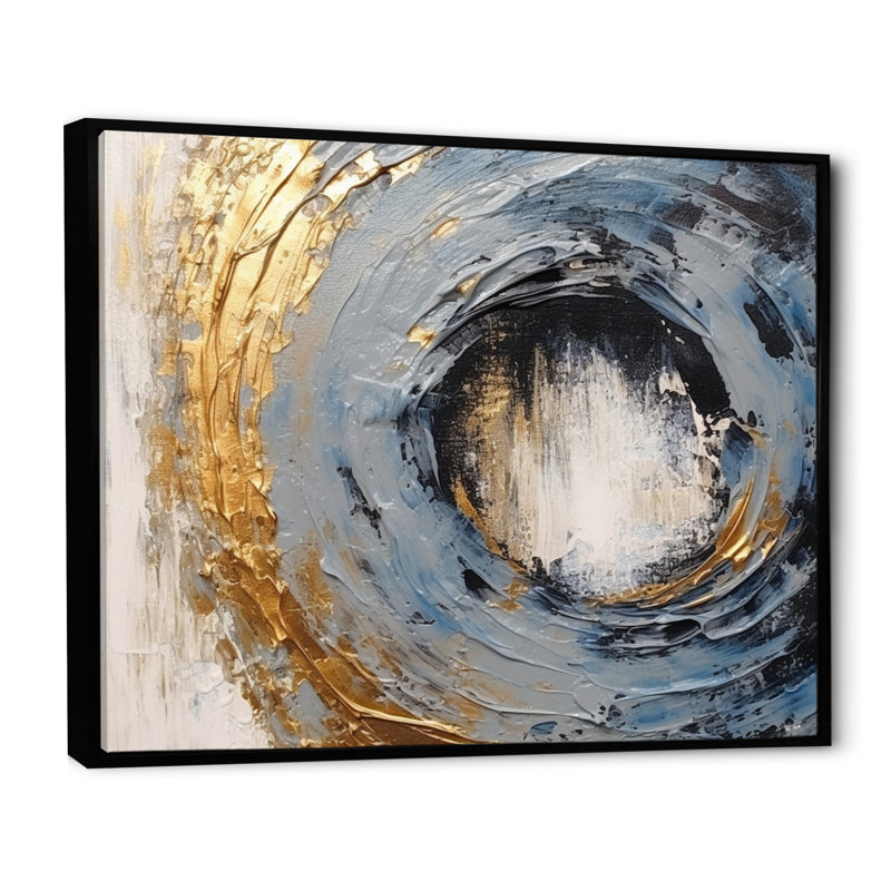 «Gold and Blue Vibrant Spirals I» sur toile, H 30 po x l 40 po x P 1,5 po, Cadre flottant noir