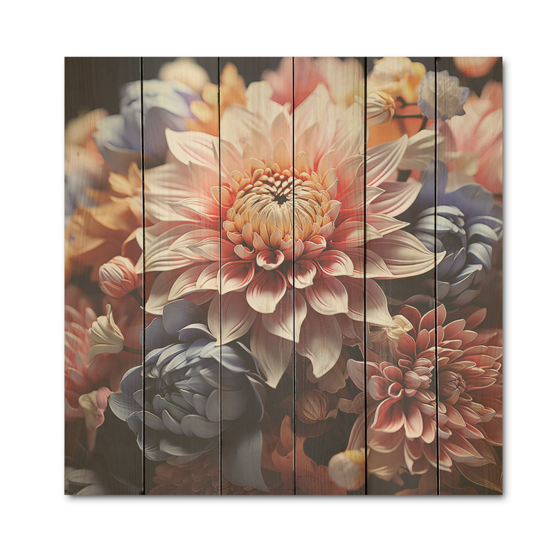 Fleurs de zinnias lavande au crépuscule - panneau de bois Zinnias sur bois de pin naturel, H 36 po x l 36 po