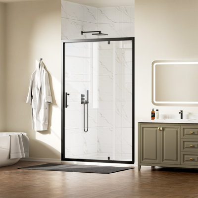 48 po X P 72 po Porte de douche à cadre pivotant en H noir mat avec verre trempé