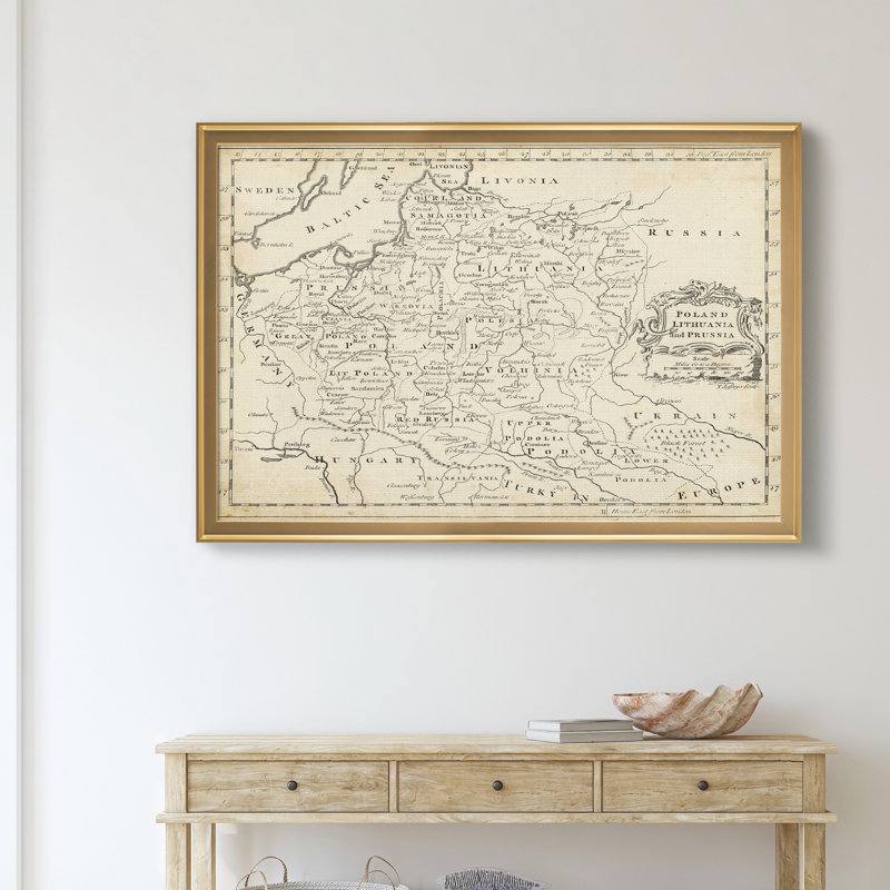 Carte de la Pologne-impression d’art graphique sur toile encadrée, H 26,5 po x l 36,5 po x P 1,5 po, Encadrement doré