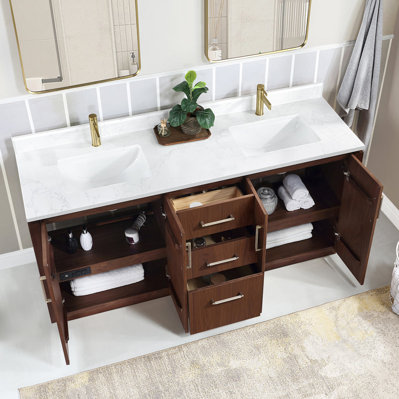 Cloverfield 72'' Double Bathroom Vanity with Cultured Marble Top, Natural Walnut, Gold