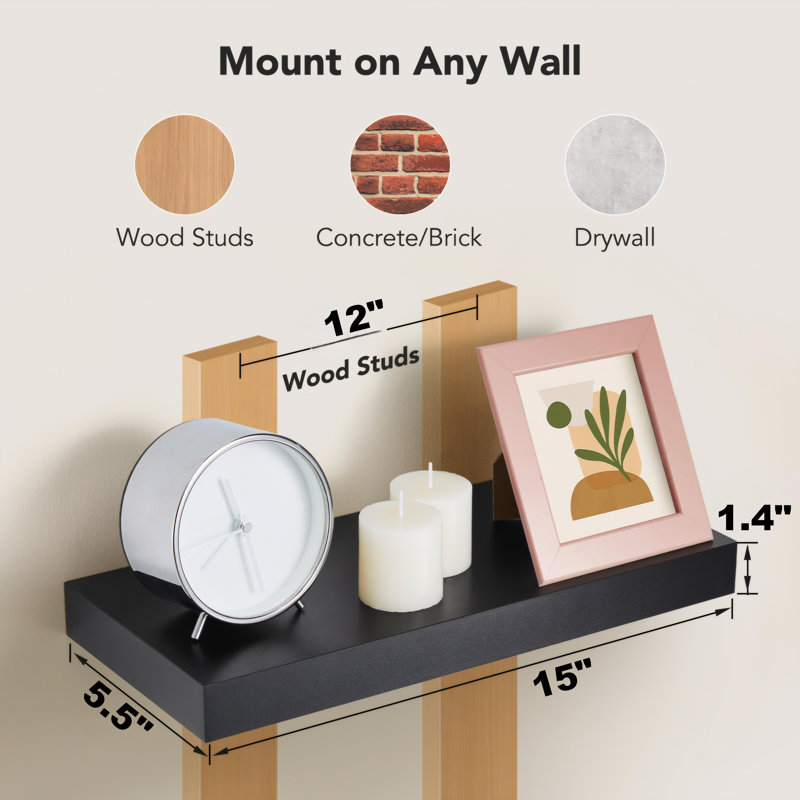 15" W x 5.5" D Floating Shelves Set with Invisible Wall Mount Bracket, Black