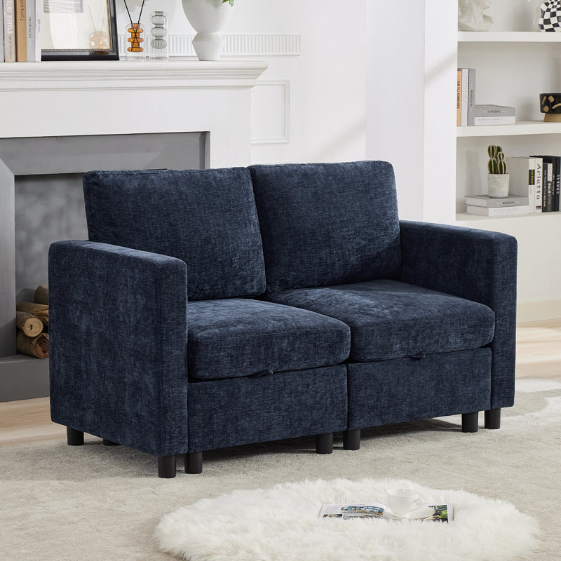 58.3” Upholstered Loveseat Modular Sofa With Under-Seat-Storage, Chenille, Navy Chenille