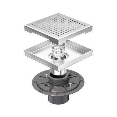 6 In. X 6 In. Stainless Steel Square Shower Drain With Square Pattern Surface And PVC Drain Base