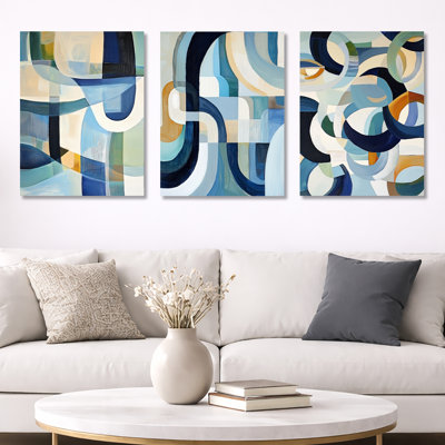 Cubist White Blue Reality II – Geometric Metal Print Wall Art Set of 3