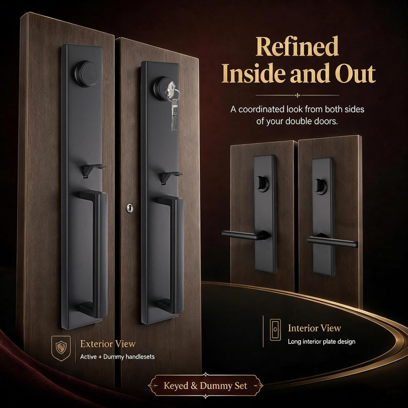 Poignée de porte avant noir mat avec pêne dormant, plaque intérieure longue | Convient à une porte de 1 3/8 po à 2 po, un jeu de poignées avec un trou réglable de 17 1/2 po et un dossier pour la porte d'entrée