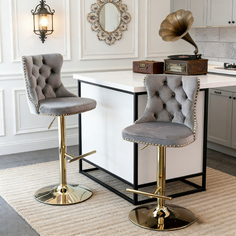 Swivel Velvet Barstools, Gray+Golden