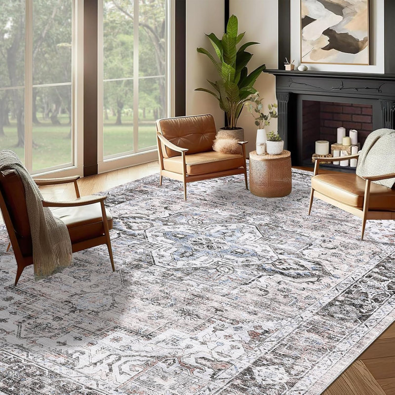 Vintage  Area Rug, Washable, Large, Distressed, Non-Slip, Non-Shedding, Low Pile, Living Room, Bedroom, Dining Room, Green.