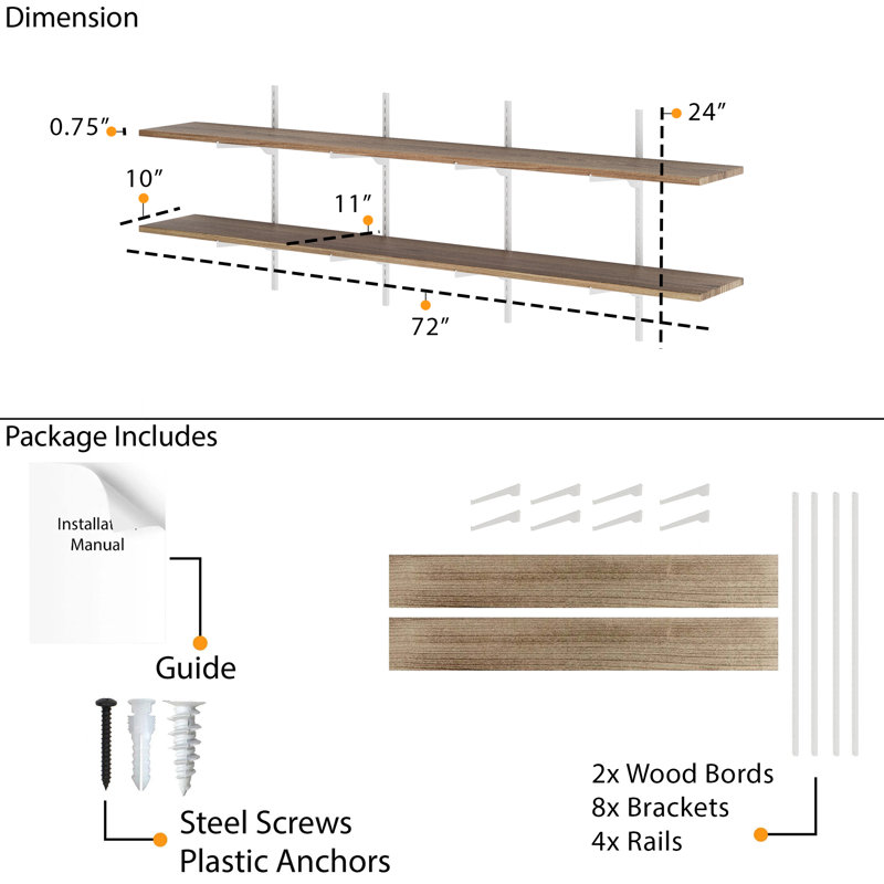 Étagère flottante de 72 po de long avec supports réglables, planches en bois véritable de 10 po de profondeur, étagère de rangement pour le salon et le bureau, étagère murale à plusieurs niveaux, décor rustique et bohème, fixation murale, étagère de rangement, brûlée