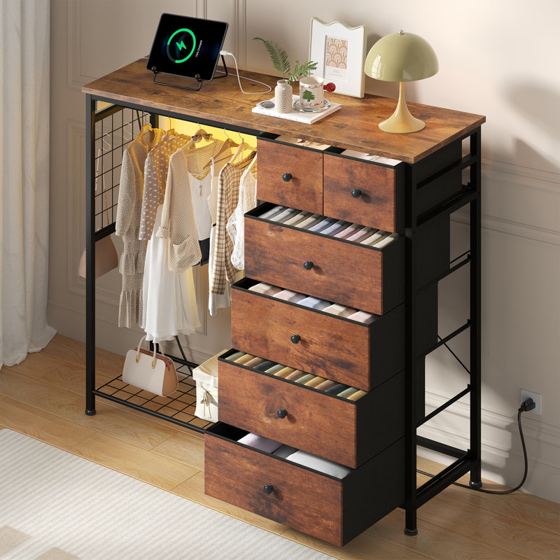 6-Drawer Storage Dresser with LED Lights, Hanging Rack & Charging Station, Rustic Brown