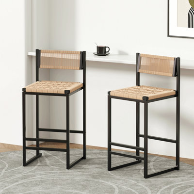 Kitchen Bar Stools With Footrest Set Of 2 Paper Rope Weave Dining Chairs Counter Height Barstool