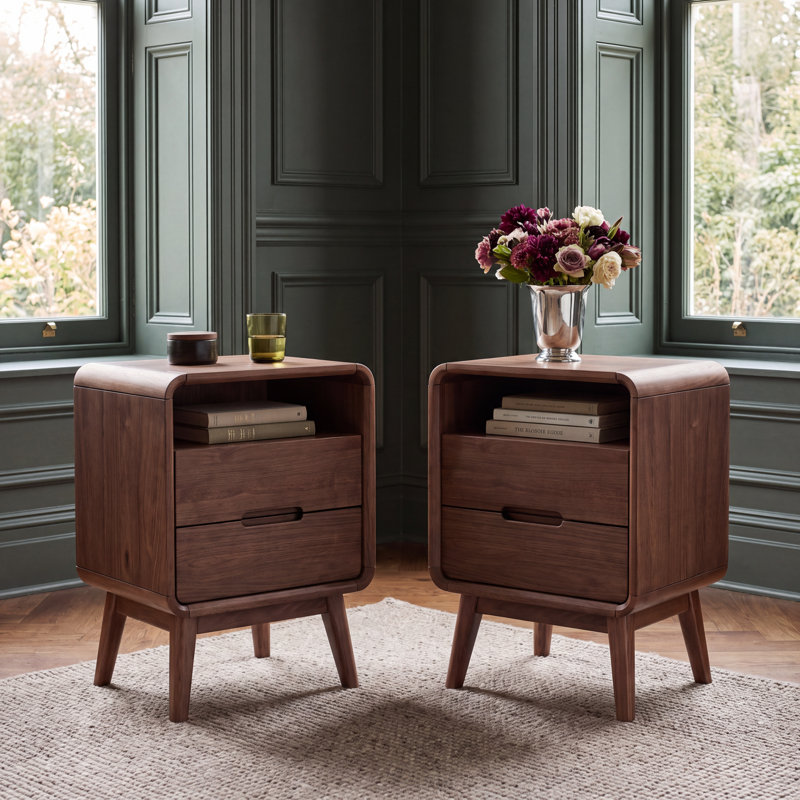 Ensemble de 2 tables de chevet en bois massif MCM avec 1 tiroir et tablette ouverte MCM, Noyer américain