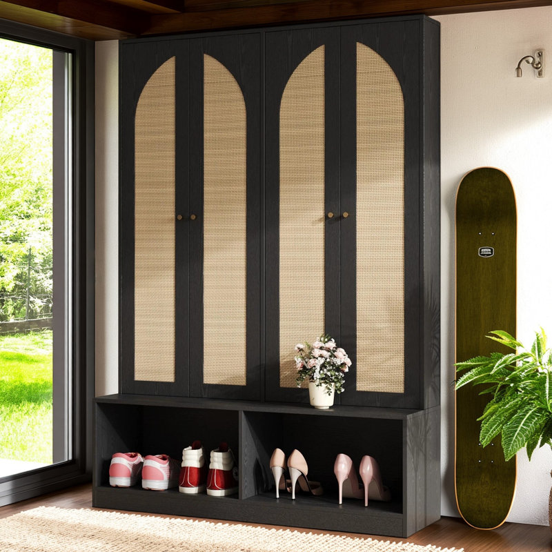 Arbre d'entrée de style campagnard avec portes en rotin, banc polyvalent 4 en 1 avec 6 crochets - Range-chaussures Mid-Century