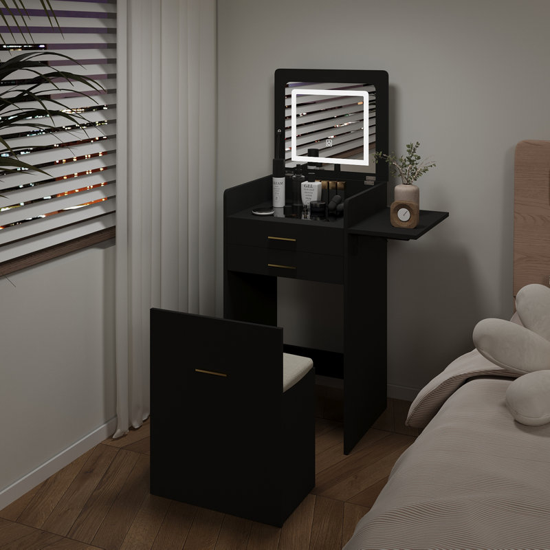 Dressing Table with LED Lighted Mirror, Makeup Vanity Desk with Stool and 2 Drawers, 50CM Desktop Vanity Table, Black