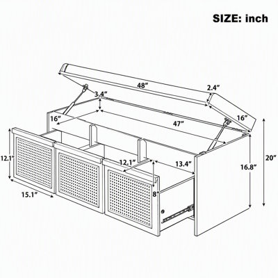 Banc de rangement rétro de 122 cm avec tiroirs en rotin et coussin capitonné