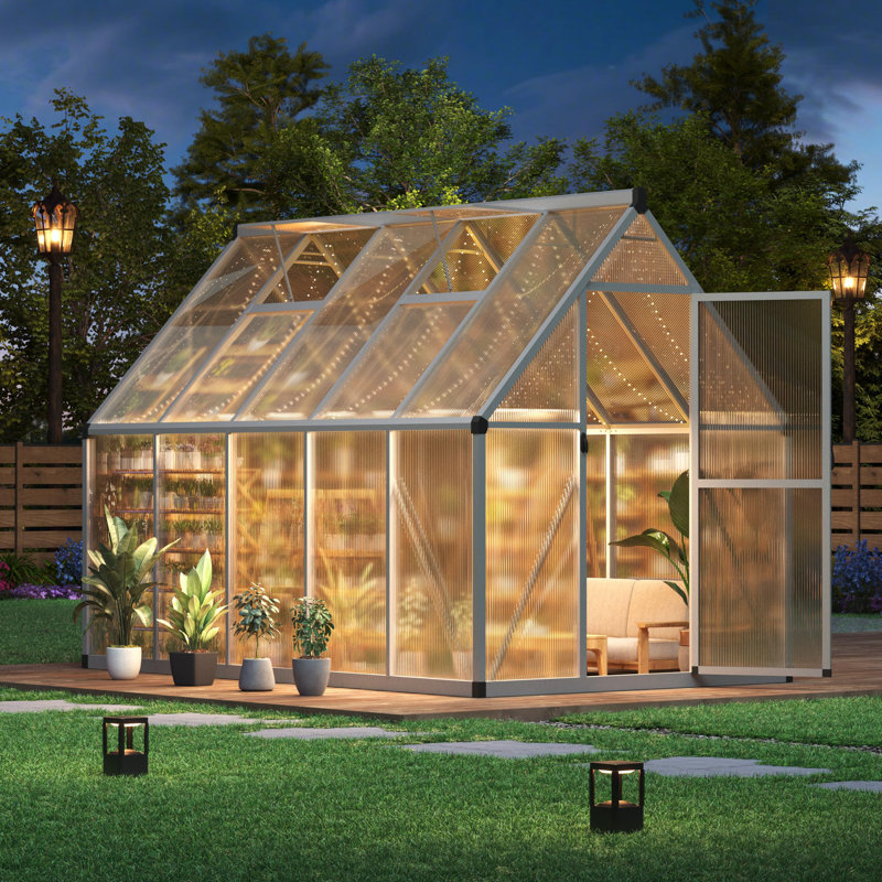6x9 ft Silver Heavy Duty Walk-In Polycarbonate Greenhouse Tent Aluminum Frame Adjustable Roof Vent Ideal for Backyard and Plant Growing