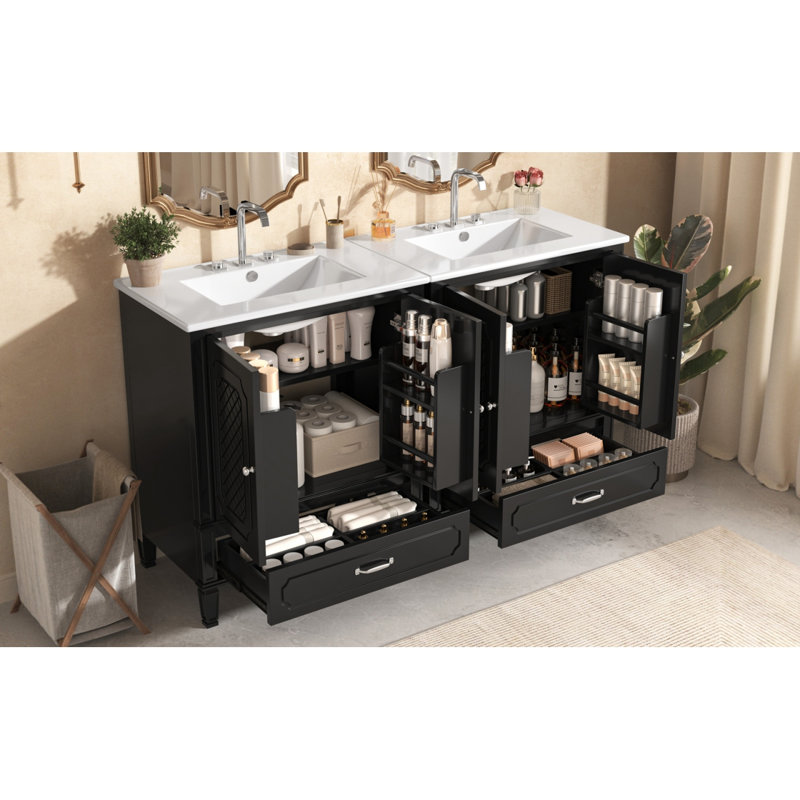 [Vidéo] Ensemble de meuble-lavabo 60 po avec lavabo double, 2 armoires avec organisateurs de porte et 2 tiroirs, noir (même numéro de pièce: N759S218644B)