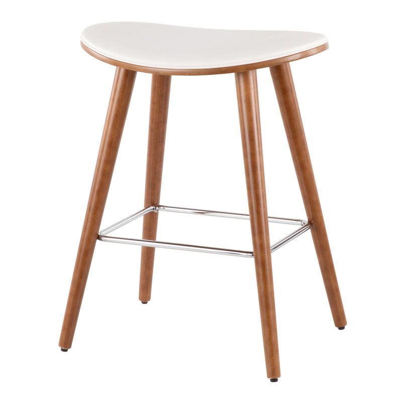 Saddle 26" Mid-Century Modern Counter Stool In Walnut And White Faux Leather By Lumisource - Set Of 2, White