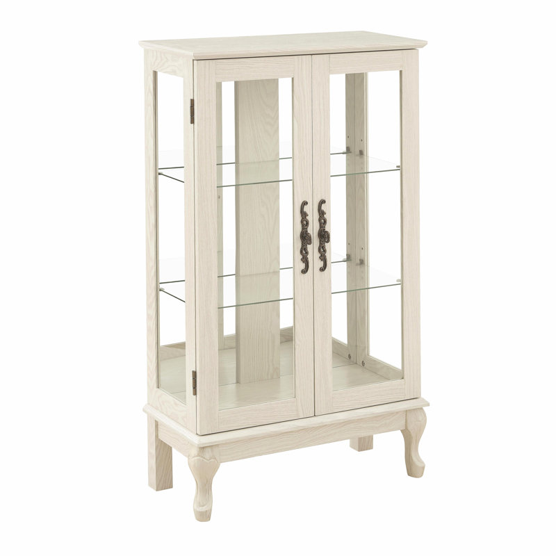 Curio Cabinet with Tempered Glass Doors, Lighted Display Cabinet with Mirrored Back Panel & Adjustable Shelves Perfect for Home or Office (Light Bulb Included)-WHITE
