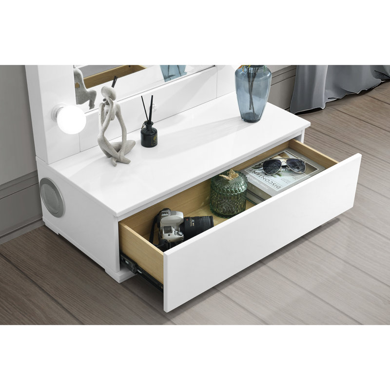 Miroir Ella avec tiroir et haut-parleur, Blanc