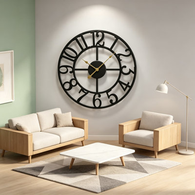 Grande horloge murale 16 pouces, horloge murale silencieuse en métal noir moderne pour la décoration du salon, horloge murale à chiffres arabes à piles pour le bureau de la cuisine de la chambre à coucher