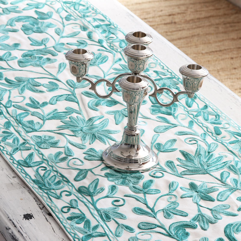 Red Barrel Studio® Handmade Kashmir Leaves In Green Chain-Stitched Cotton Table Runner