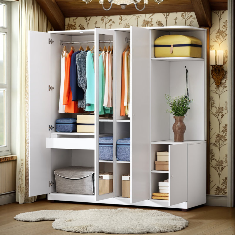 Armoire penderie 4 portes avec tringles suspendues, armoire à chaussures, miroir et tiroir, Blanc