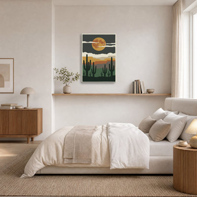 Tableau sur toile représentant une lune orange au-dessus de cactus saguaro dans le désert