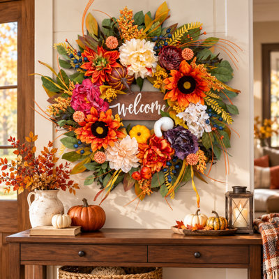 Couronne d'automne de 61 cm avec tournesols, fleurs et feuillage, décor rustique pour porte, ambiance automnale, décoration intérieure et extérieure.
