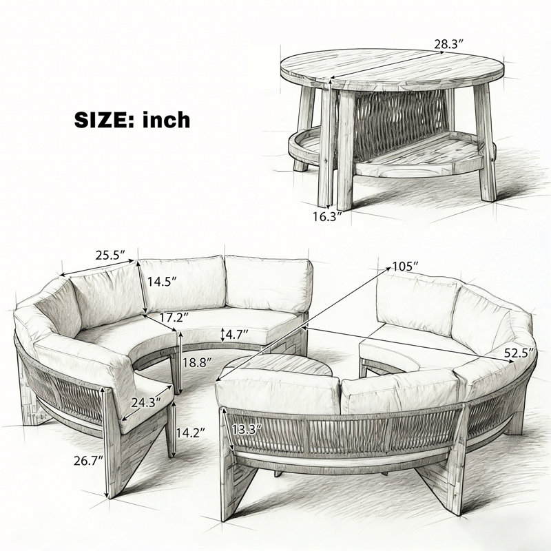 Ensemble de conversation d'extérieur 3 pièces avec 2 canapés demi-cercle et 1 table basse, Gris