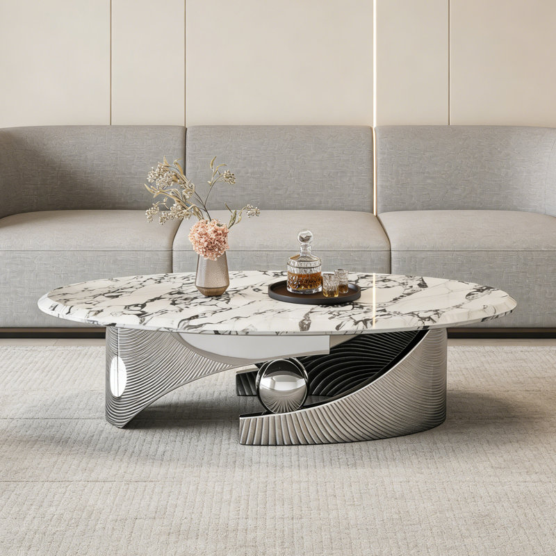 Table basse italienne en marbre minimaliste, H 15,7 po x L 55,1 po x l 31,5 po, Blanc/Noir