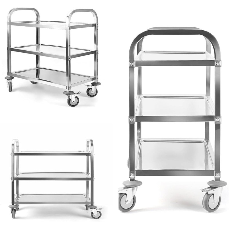 Chariot utilitaire à 3 niveaux en acier inoxydable, cuisine roulante et chariot de service avec tablettes de rangement, roulettes pivotantes et 2 roulettes verrouillables pour un usage à l'hôtel, au restaurant et à la maison