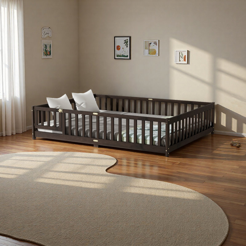 Queen Size Floor Bed With Fence,Door,Rubber Wood Floor Bed With Safety Guardrails, Espresso