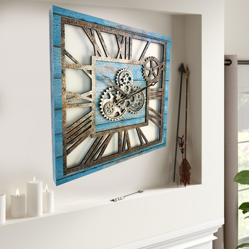 Wall Clock 24" Square Oversized for Living Room decor with Real Moving Gears America Collection, Blue