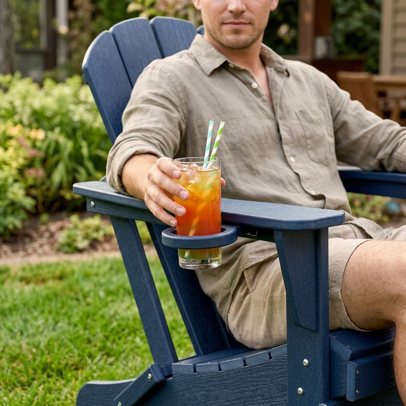 Folding Adirondack Chairs - Weather-Resistant HDPE Outdoor Patio Seating with Cup Holder, Dark Blue, Blue, 1