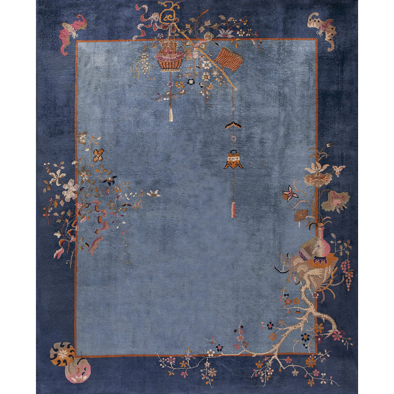1920s Rectangle Hand Knotted Pile Wool Floral Antique Blue Rug