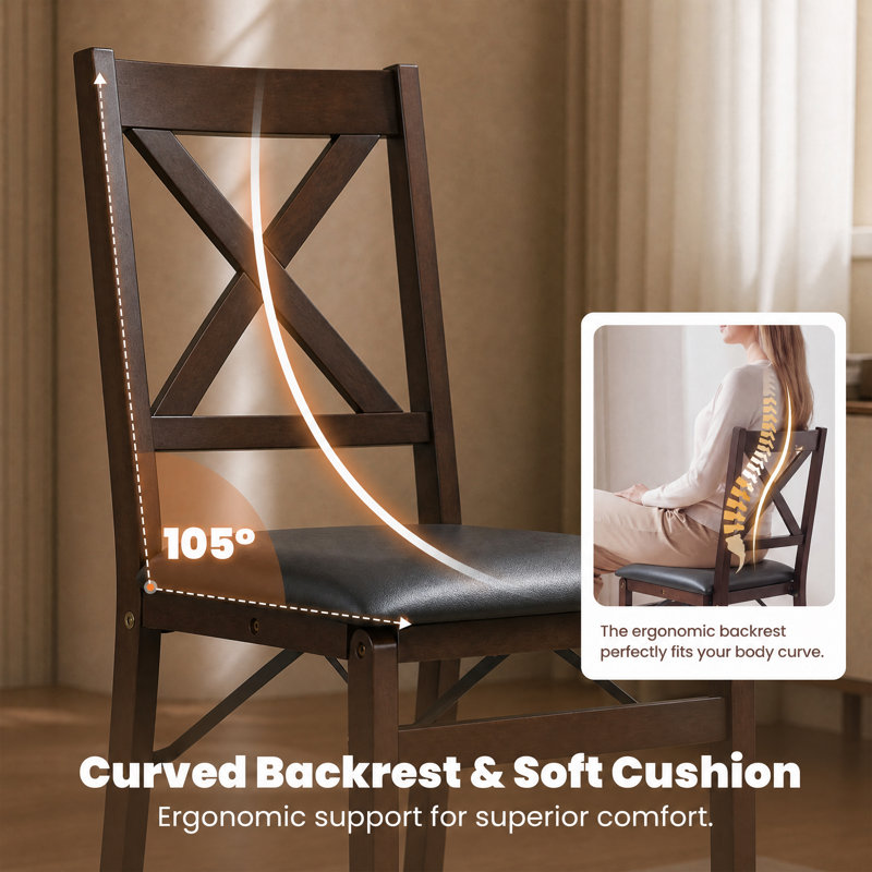 Padded Stackable Folding Dining Chairs with Solid Wood Frame, Dark Brown Frame/Black Seat