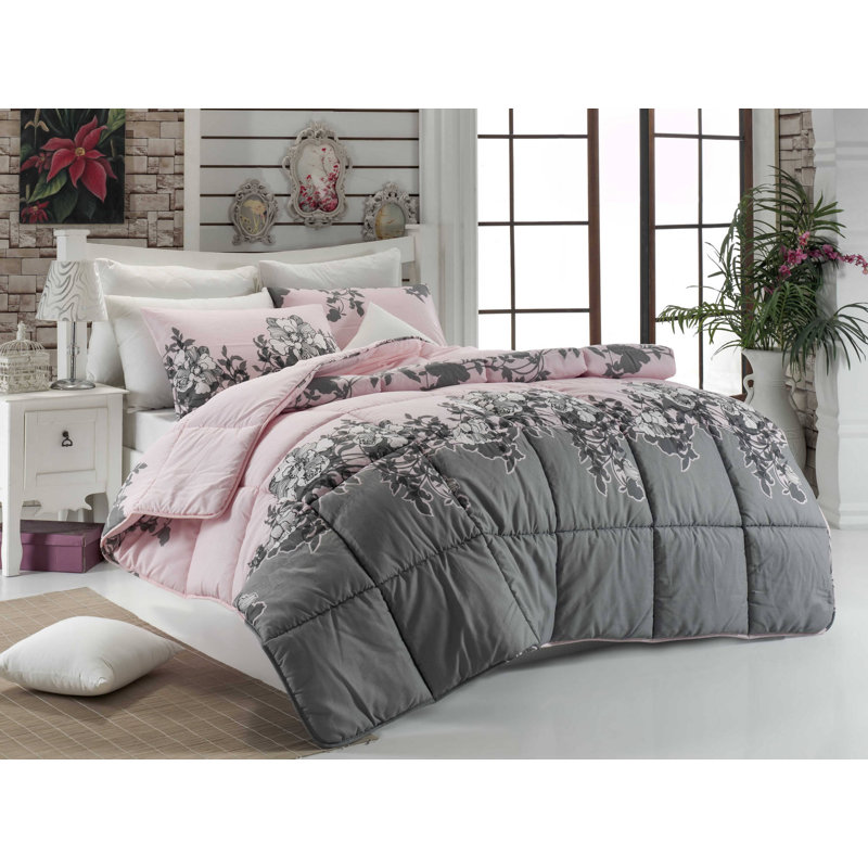 Ensemble de courtepointe 3 pièces en mélange de coton rose / gris