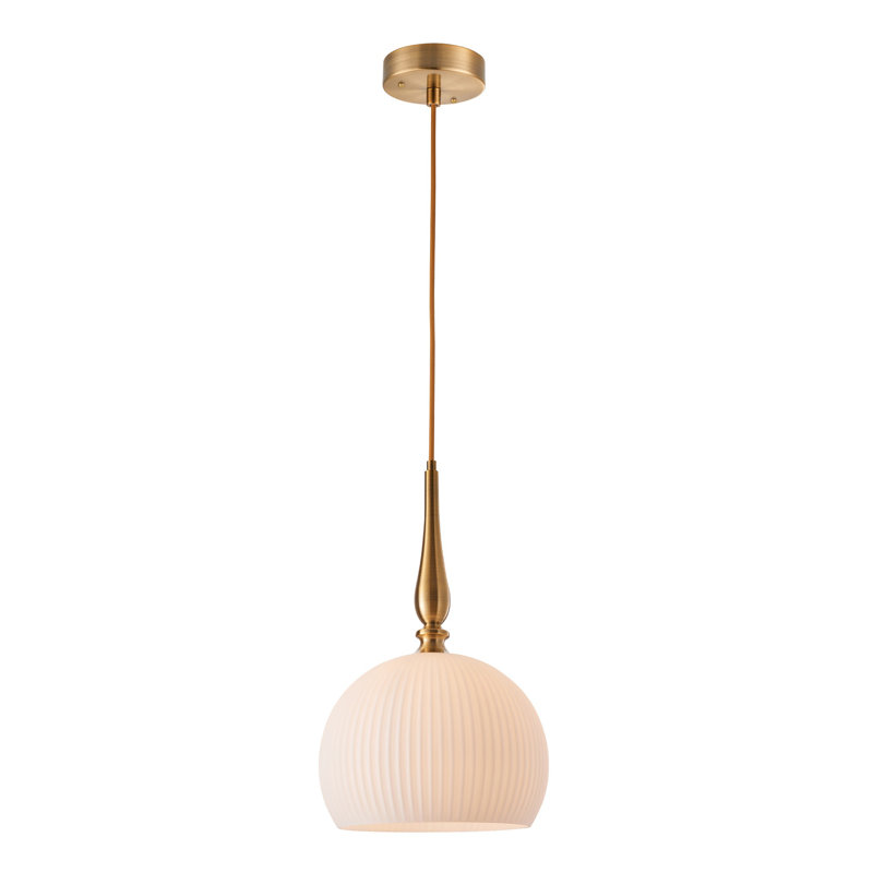 Kate - 1-Light Pendant - Brushed Brass with White Ribbed Glassware Shade, 23.6" H x 13.8" W x 13.8" D, Brushed Brass