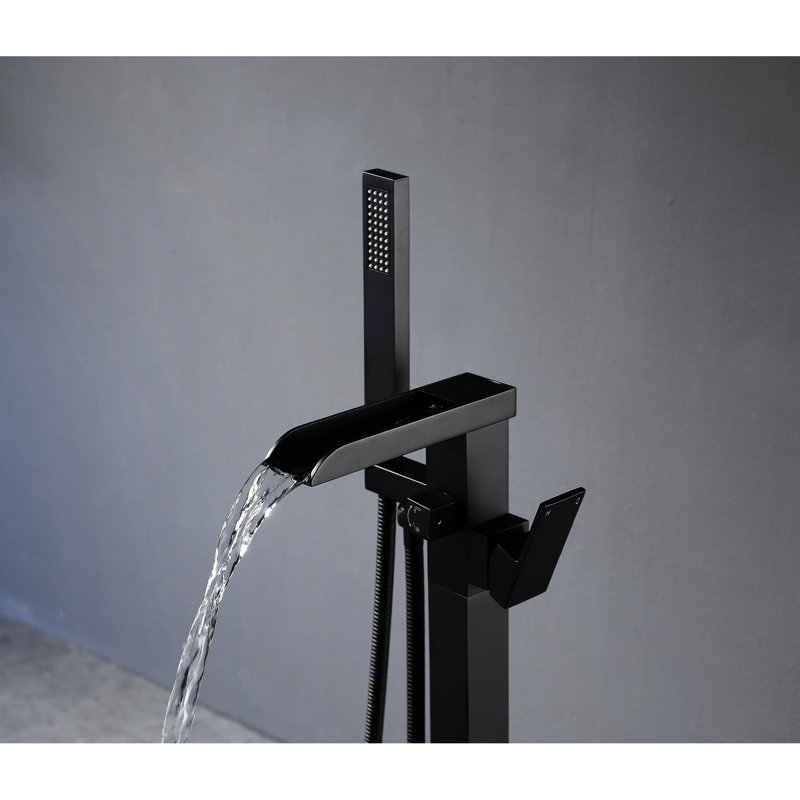 Robinet de baignoire fixé au sol avec douche à main - Noir mat, acier inoxydable, débit élevé, bec cascade, rouille et corrosion pour une salle de bain paisible et autoportante