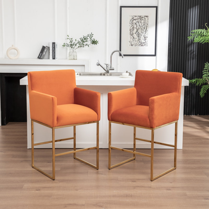 Upholstered Counter Stool With Metal Frame, Orange