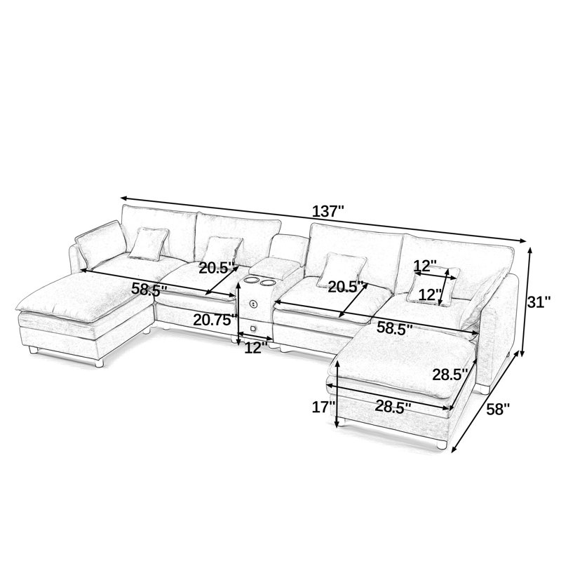 Canapé modulaire modulaire en L avec méridienne réversible, port USB, tiroir de rangement, console avec porte-gobelet rabattable, poches pour accoudoirs et coussins amovibles - gris foncé
