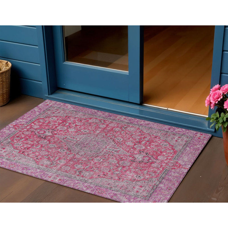 Tapis intérieur lavable à motif de médaillon rose 3 pi x 5 pi